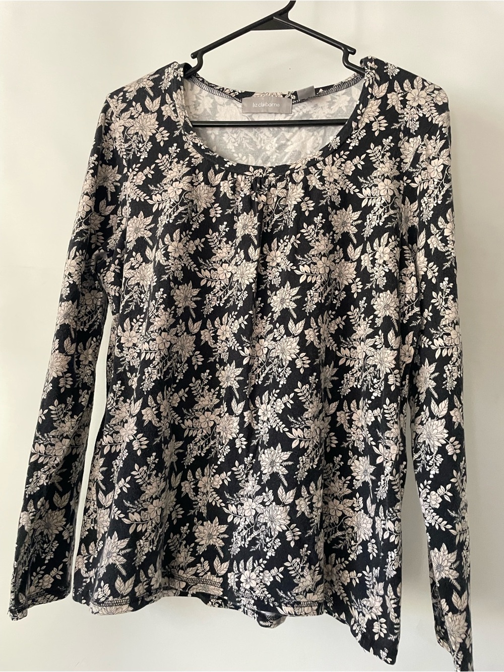 Liz Claiborne Black Floral Long-Sleeve Scoop Neck Top Size XL